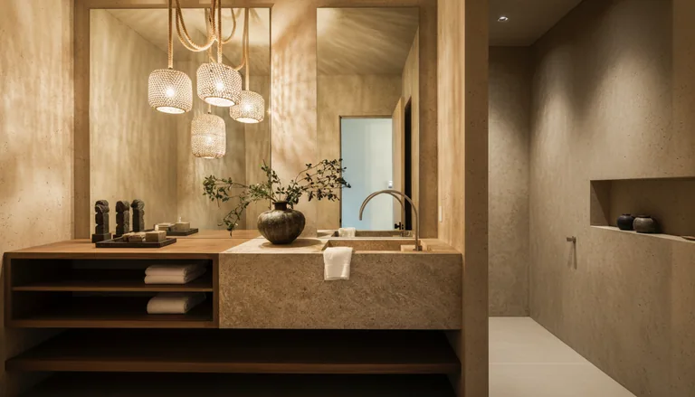 Powder room with limewashed plaster walls, a carved stone trough sink and a cluster of beaded glass pendants
