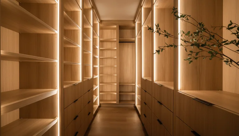 Walk-in closet with backlit white oak shelving and built-in drawers