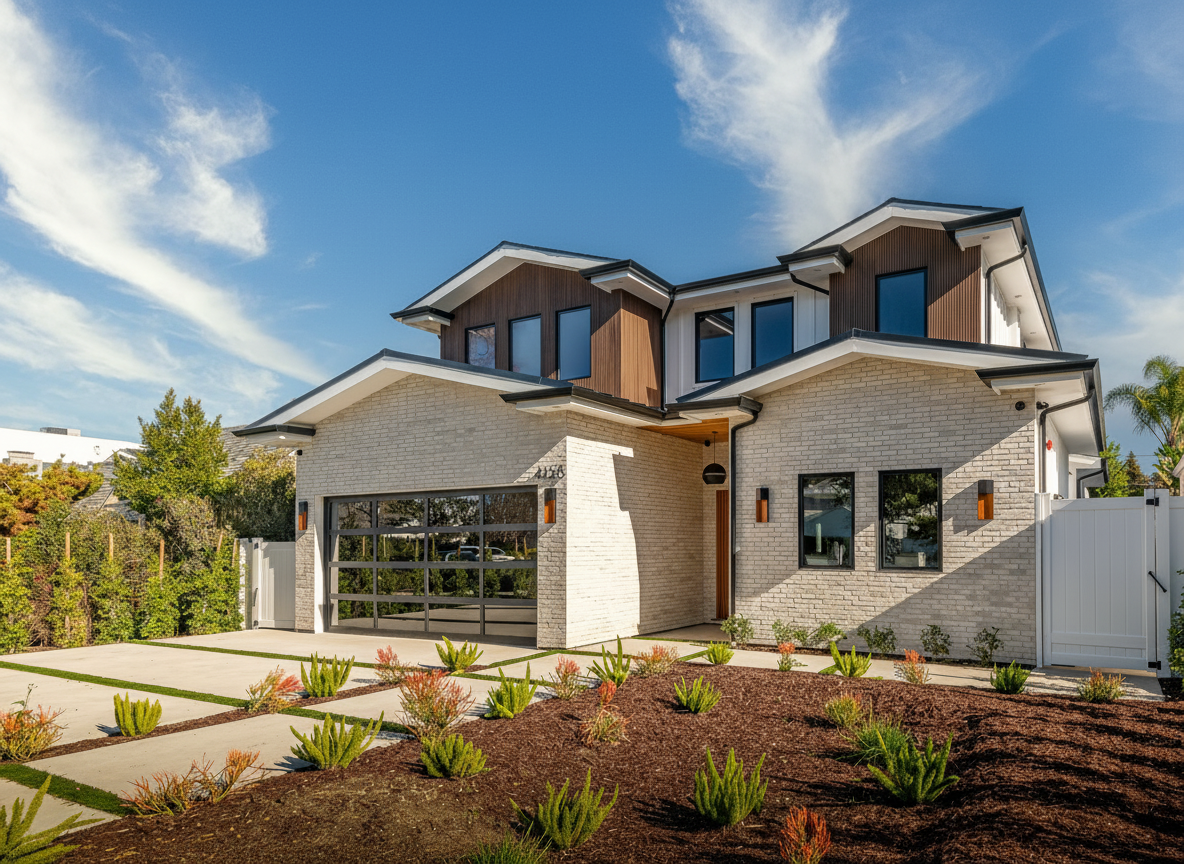 Front elevation of the newly built home at 4158 Beck Ave in Studio City, with white brick, wood-clad gables, a glass garage door and drought-tolerant landscaping