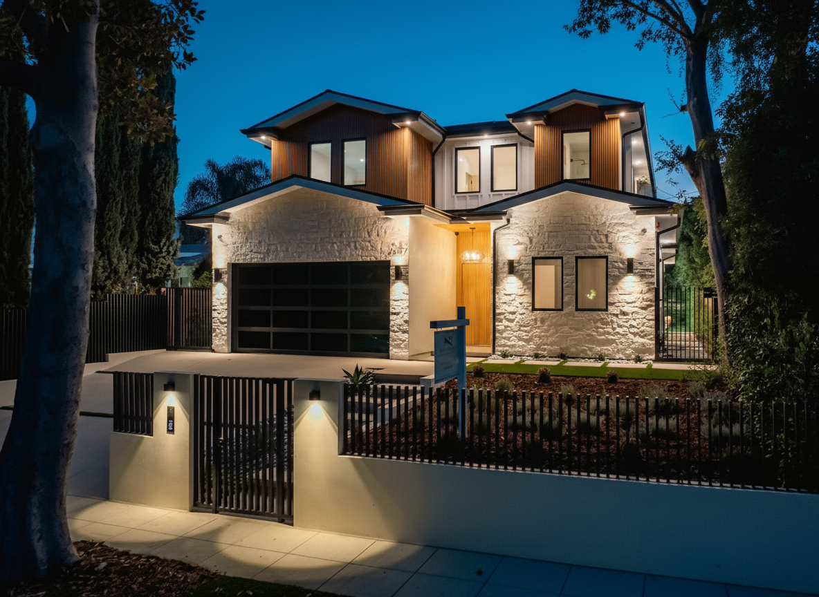 Evening exterior of the new home at 4087 Kraft Ave in Studio City, with stacked stone, vertical wood siding and warm architectural lighting