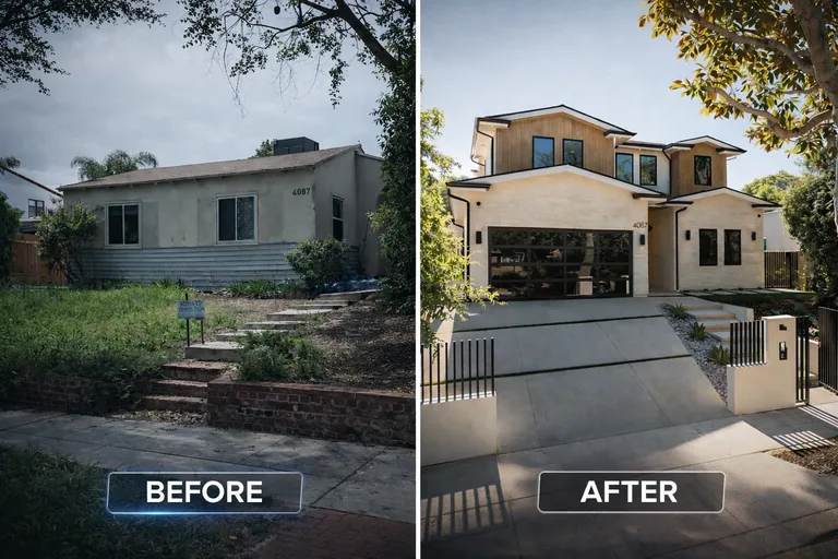 Before and after of the 4087 Kraft Ave rebuild in Studio City — the original single-story house beside the finished two-story home